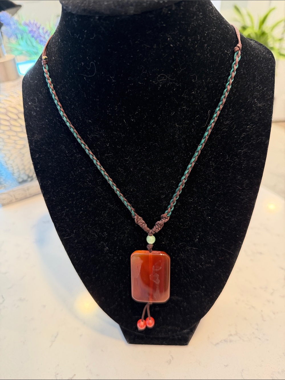 Handmade Red Agate Pendant Necklace with Braided Cord